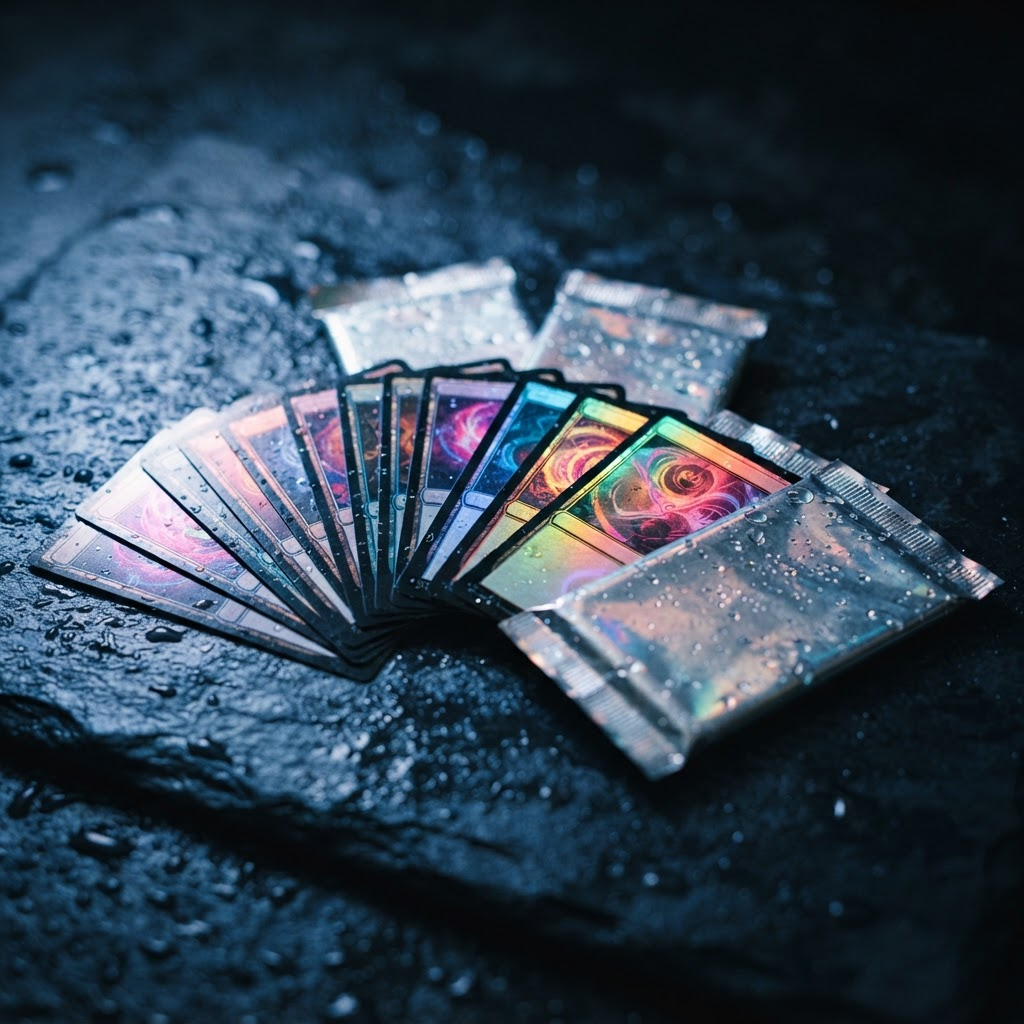 Holographic trading cards and booster packs on a rain-soaked slate surface